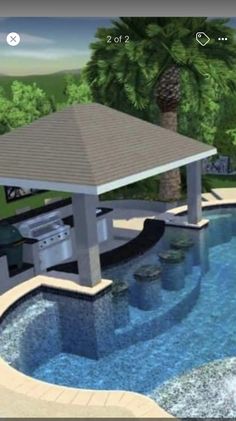 a pool with a grill in it next to a palm tree