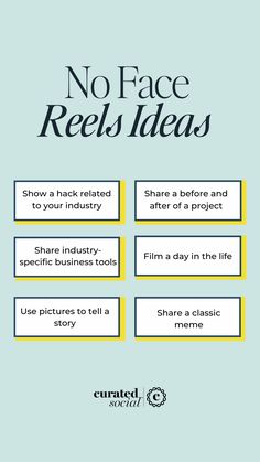 A light blue background color with "No Face Reels Ideas" as the title at the top. There are 6 boxes and each box lists an idea out for No Face Reels. Each box has a highlight yellow in the back of the main box to make the box pop out. Under the 6 boxes is the Curated Social logo. No Face Content Ideas, Reel Ideas Instagram, Real Estate Social Media Content, Instagram Reels Ideas, Notes Book, Reels Ideas, Real Estate Social Media