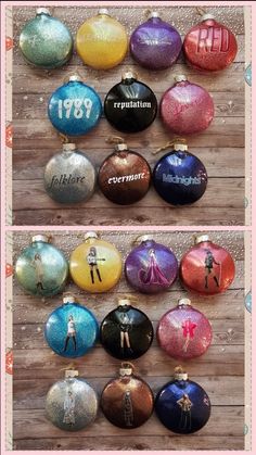 christmas ornaments with the names of different countries on them and an image of a woman standing in