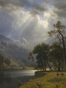 a painting of mountains, trees and water in the foreground with clouds above them