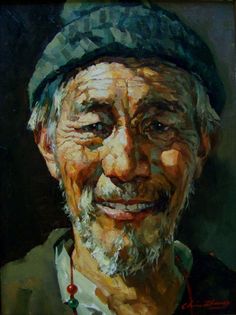 an old man with a green hat and white beard smiling at the camera, oil on canvas