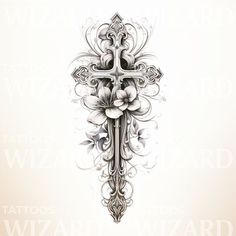 a cross with flowers on it and the words tattoo wizard written in front of it