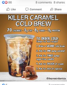 an advertisement for a cold drink called killer caramel coldbrew, with instructions