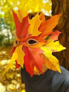 a young boy wearing a leaf mask in the fall leaves with his face partially hidden by a tree