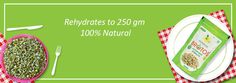 an advertisement for tea and cereals on a green background with the words, rehydrates to 250 gm 100 % natural