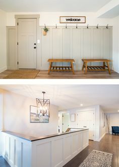 before and after shots of a kitchen with white walls, wood floors and bench seating