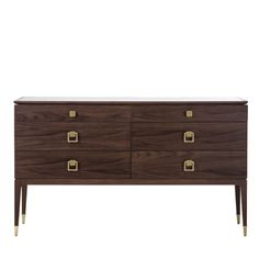 a wooden dresser with brass handles and drawers on it's sides, against a white background