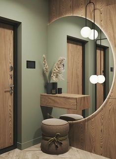 a mirror and stool in a room