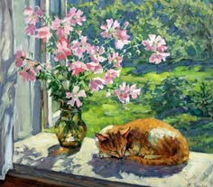 a painting of a cat sleeping on a window sill with flowers in the background