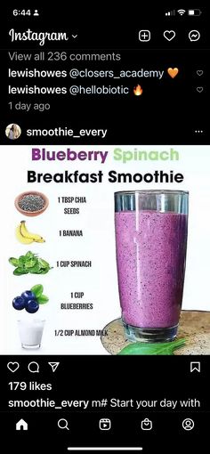 the blueberry spinach breakfast smoothie is displayed in an instagramtion form