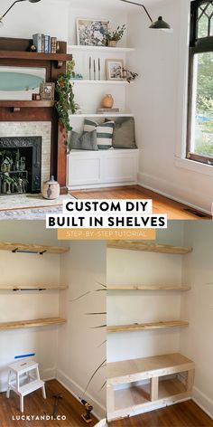 the before and after shots of this diy built in shelving unit