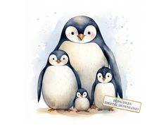 three penguins are standing next to each other in front of a watercolor splash background