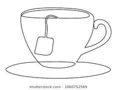 a coffee cup and saucer with a tag on the side, one line drawing