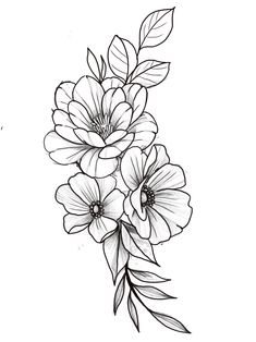 a drawing of flowers with leaves on the stems and one flower in the middle, drawn by