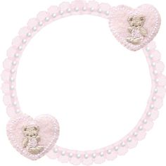 a pink and white headband with two teddy bears in the shape of hearts on it