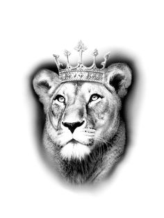 a black and white photo of a lion wearing a crown