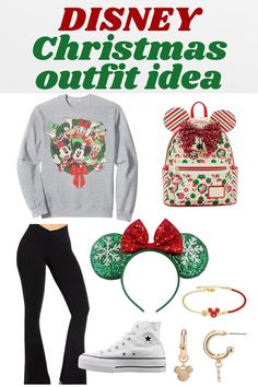 a christmas outfit with mickey ears and minnie mouse headbands on it, including a sweatshirt