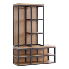 three wooden shelves with metal frames on each side and one shelf in the middle, against a white background