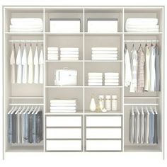 a white closet with clothes and other items on it's shelve shelves