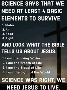 a cross with the words science says that we need at least 4 basic elements to survive