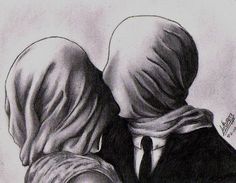 a drawing of two people facing each other with heads covered in veils and scarves