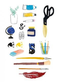 an assortment of arts and crafts items on a white background