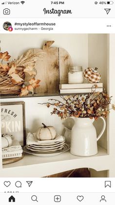 the instagram page for instagram is displayed on top of a shelf with autumn decorations