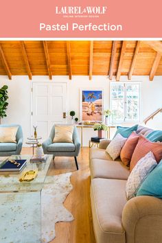 a living room with two couches and a coffee table in front of a fireplace