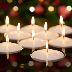 many white candles are lit in front of a christmas tree