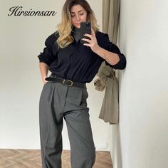 Brand Name Kukombo Pant Style Wide Leg Pants Material Polyester Material Spandex Fit Type LOOSE Length Full Length Decoration Button Origin US(Origin) Season Spring/Autumn Waist Type HIGH Model Number HR21013 Pattern Type Solid Style Casual Front Style Flat Age Ages 18-35 Years Old Fabric Type Laminated Fabric Closure Type Button Fly Gender WOMEN Style1 Korean/harajuku/streetwear/ins/vintage/punk Cusual/chic Style2 Janpanese/Chinese/Vintage/Casual/Fashion/Retro/Office Stye 3 Straight pants Stye Masculine Girl, Masculine Outfits, Female Pants, Style Wide Leg Pants, Masculine Fashion, Layered Shirts, New Office, Pants Vintage, Straight Trousers