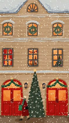 a painting of a woman walking past a building with a christmas tree in front of it