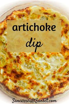 the words artichoke dip are written in black on top of a pizza crust