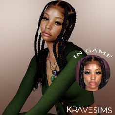 an image of a woman with braids on her head and in the background there is a game character