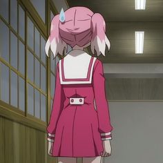 an anime character in a pink dress looking at something