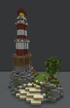 a small red and white lighthouse next to a green tree on top of rocks in front of a dark sky