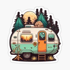 an rv parked in the woods with trees and moon behind it sticker on a white background