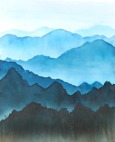 a watercolor painting of mountains with blue sky in the background