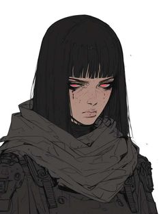 an anime character with long black hair and red eyes wearing a scarf over her shoulders