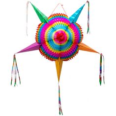 a multicolored paper pinwheel with streamers hanging from it's sides