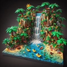 a lego model of a waterfall with boats and people in the water surrounded by palm trees