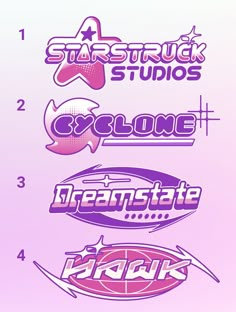 the logos for various sports teams are shown in purple and pink colors, including starstruck studios