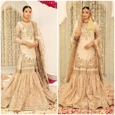 Malangi Fashion Dress try to make sure you have the best experience while selecting and buying your favourite Indian and Pakistani Outfits for any occasion like barat, walima, mehndi, nikkah, dholki, mayu, sangeet, engagement or reception guest in different style dress of salwar kameez, maxi peshwas, gown, saree, lehenga, sharara or ghararara Color : Ivory Fabric Details: Embroidered Handmade Kameez (ORGANZA) front Embroidered Kameez (ORGANZA) back Embroidered Handmade Sleeves (ORGANZA)  Embroid Eid Wedding Sharara With Gold Embroidery, Eid Wedding Dress With Gold Embroidery, Wedding Sharara With Gold Embroidery, Party Dress Indian, Organza Kameez, Nikkah Gharara, Golden Gharara Pakistani, Lehenga Sharara, Gown Saree