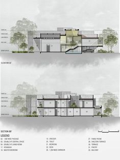 two diagrams showing the different sections of a building with trees and bushes on each side