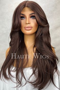 Long Hair With Bangs Sideswept, Brown Hair Front Layers, Dark Brown Hair With Side Bangs, Blowout With Layers, Dark Brown Hair 90s Layers, Dark Brown Hair Red Undertones, 90s Long Layered Hair Brown, Brown Wig Layers, Layered Hair Wig