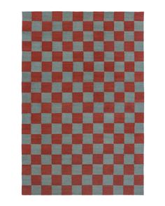 a red and blue rug with squares on it's sides, in the middle