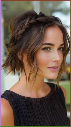 Elevate your morning routine with quick and easy hairstyles for school. Explore effortless yet chic looks to keep you stylish and on time for class. Braids In Short Hair Bobs, Boho Hairstyles Headband, How To Braid Headband, Boho Braid Short Hair, Short Hair Formal Styles Updo, Short Bohemian Hairstyles, Braid Headband Hairstyle Short Hair, Hair Knots For Short Hair, Short Hair Boho Style