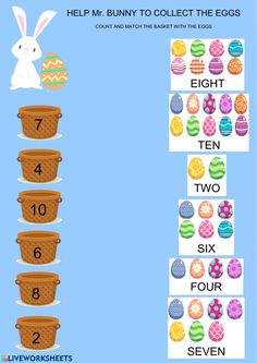 an easter themed counting game with eggs and bunnies on the same line, which is in