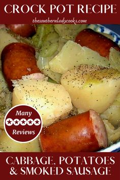 a close up of a plate of food with potatoes and sausage on it's side