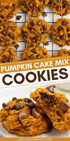 pumpkin cake mix cookies stacked on top of each other with chocolate chips in the middle