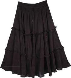 Discover boundless feminine outfit possibilities when you start with solid black skirt as the foundation for your look.  Three tiers of shirred crinkle cotton result in a skirt of casual elegance. #tlb #Misses #TieredSkirt #vacationclothing #beachwrap #Solid #BlackSkirts #BlackSkirt #TieredBlackSkirt #BlackStreetSkirt Tiered Skirt Outfit, Street Skirt, Skirt Tiered, Mid Length Skirt, Feminine Skirt, Midi Skirt Black, Cotton Midi Skirt, Tiered Skirts, Trendy Skirts